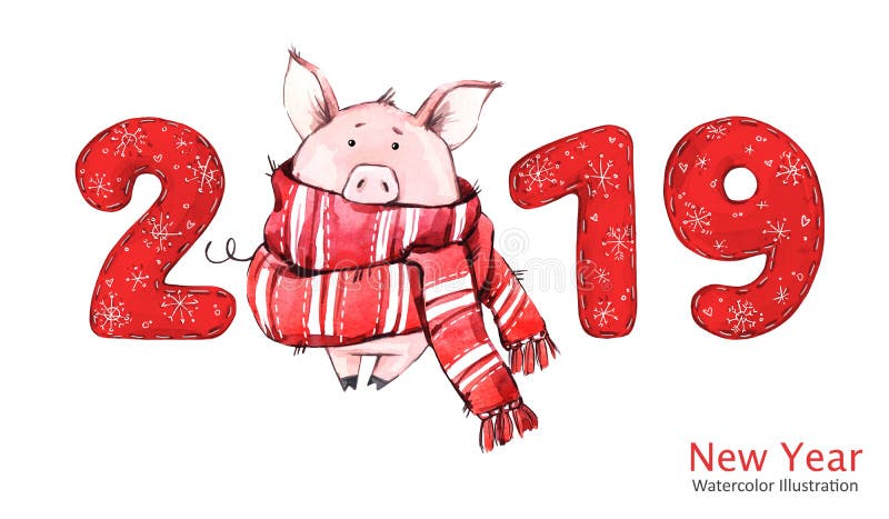 Bannière de 2019 bonnes années Porc mignon dans l'écharpe d'hiver avec des nombres Illustration d'aquarelle Symbole des vacances illustration stock Bannière de 2019 bonnes années Porc mignon dans l'écharpe d'hiver avec des nombres Illustration d'aquarelle Symbole des vacances illustration stock