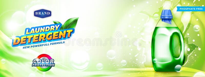 Bannière de détergent à lessive. Bouteille vide remplie par le détergent libre de phosphate de démarrage de l'eau et les bulles su. Illustration réaliste de vecteur de haute qualité pour le flux de travail agréable et facile. Le meilleur pour les annonces conçoivent et la promotion du produit.