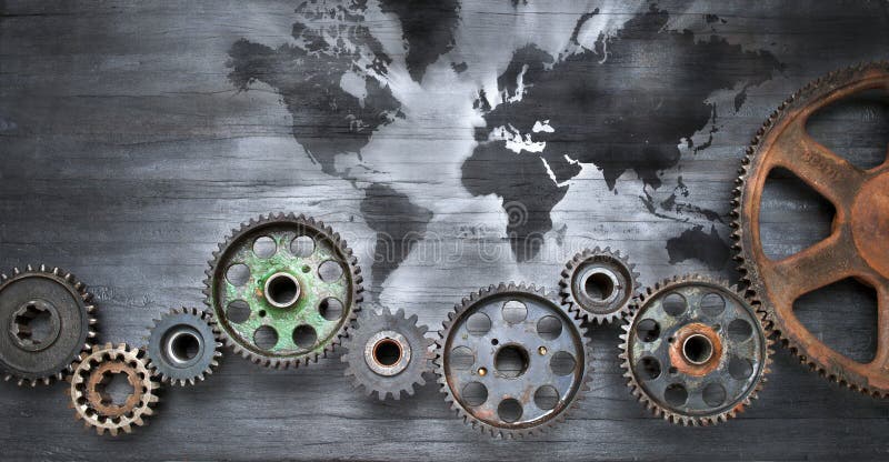 An abstract world map with old cogs. This image tries to explore many issues effecting world globalisation today. An abstract world map with old cogs. This image tries to explore many issues effecting world globalisation today