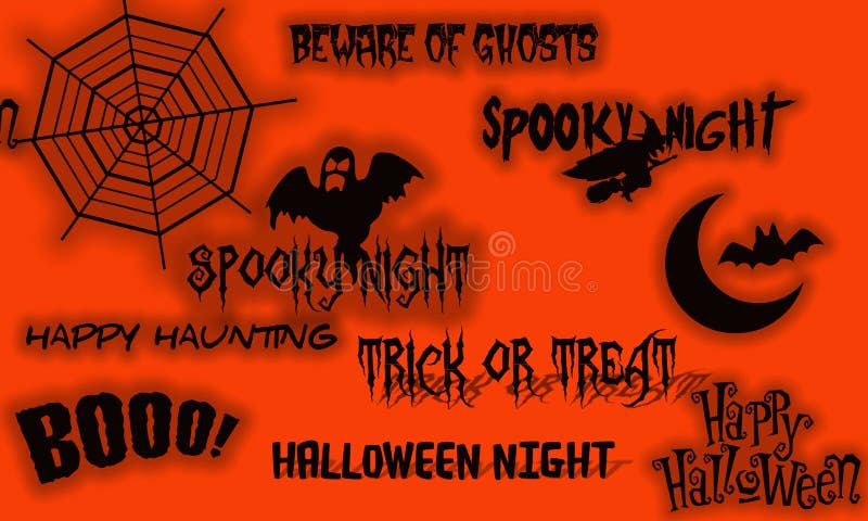 Halloween banner with spider web, black text graphics, bat, witch and ghost on orange background. Halloween banner with spider web, black text graphics, bat, witch and ghost on orange background.