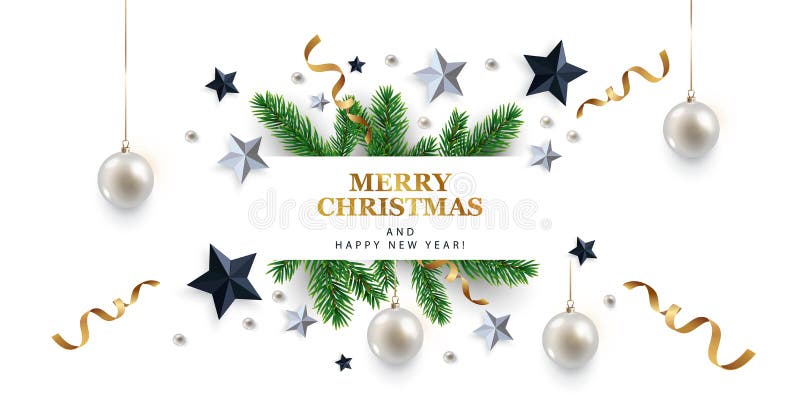 Bannière de Noël avec les éléments de fête - noirs et les étoiles argentées, la tresse d'or, les boules de Noël blanc et les bran