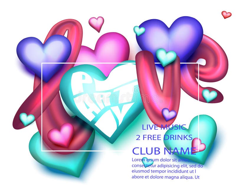 LOVE PARTY BANNER WITH COLORFUL LETTERS AND HEARTS. Vector illustration. LOVE PARTY BANNER WITH COLORFUL LETTERS AND HEARTS. Vector illustration