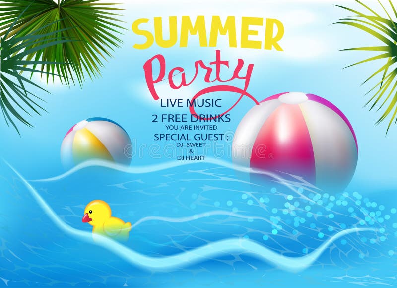 Summer party banner with inflatable toys, tropical leaves and waves. Vector illustration. Summer party banner with inflatable toys, tropical leaves and waves. Vector illustration