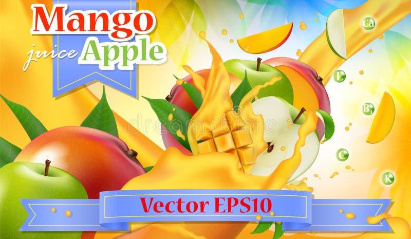 Bannière de promotion des annonces 3d de vecteur Éclaboussement réaliste de mangue de pomme illustration stock Bannière de promotion des annonces 3d de vecteur Éclaboussement réaliste de mangue de pomme illustration stock
