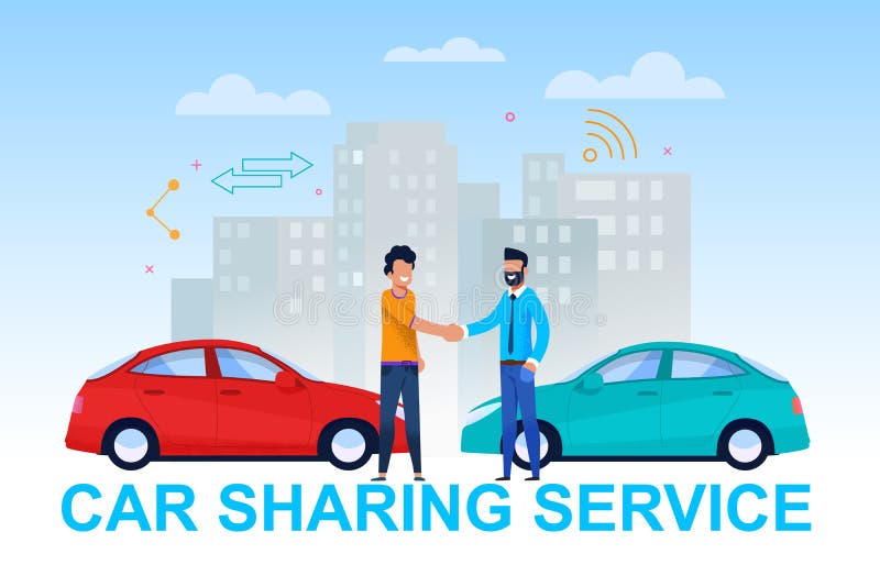 Car Sharing Service Banner. Two Man in Vehicle Handover. Client and Dealer Character Handshake. Rent and Carsharing Street Parking and Cityscape Illustration. Automobile for Travel. Car Sharing Service Banner. Two Man in Vehicle Handover. Client and Dealer Character Handshake. Rent and Carsharing Street Parking and Cityscape Illustration. Automobile for Travel.
