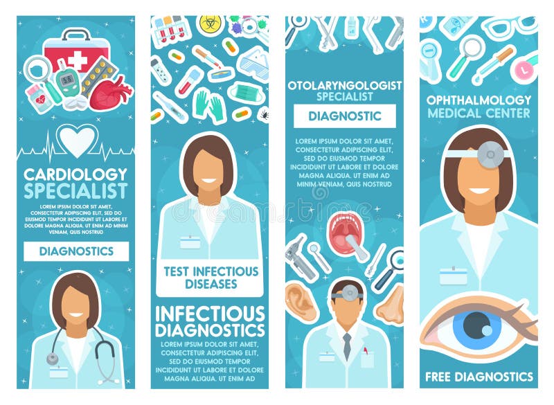 Bannière de spécialiste en clinique médicale avec le docteur, outil illustration de vecteur Bannière de spécialiste en clinique médicale avec le docteur, outil illustration de vecteur