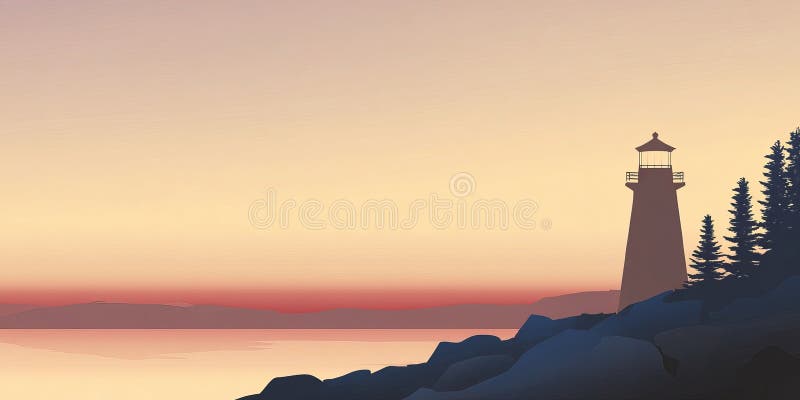 Bannière de style vectoriel avec phare pins et coucher du soleil. illustration de vecteur