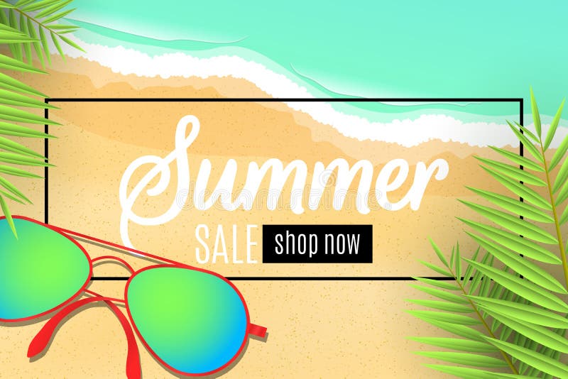 Bannière de Web en vente d'été Lunettes de soleil sur la plage laisse le palmier Offre spéciale Remises saisonnières Ondes de mer illustration libre de droits Bannière de Web en vente d'été Lunettes de soleil sur la plage laisse le palmier Offre spéciale Remises saisonnières Ondes de mer illustration libre de droits