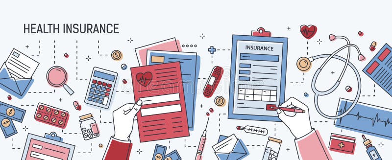 Bannière horizontale avec des mains complétant le formulaire de demande de l'assurance médicale maladie entouré par des dollars, illustration stock Bannière horizontale avec des mains complétant le formulaire de demande de l'assurance médicale maladie entouré par des dollars, illustration stock