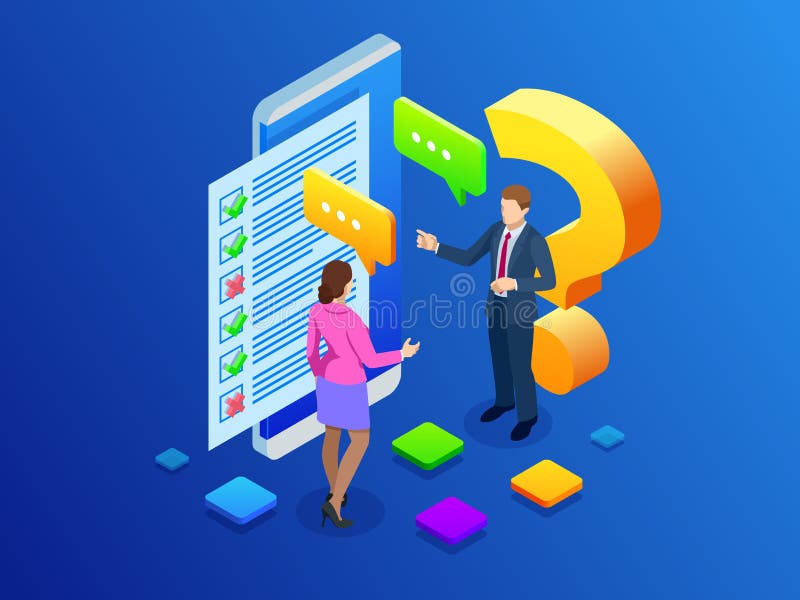 Bannière isométrique de concept d'enquête avec des caractères Examen en ligne, forme de questionnaire, éducation en ligne, enquêt illustration stock Bannière isométrique de concept d'enquête avec des caractères Examen en ligne, forme de questionnaire, éducation en ligne, enquêt illustration stock