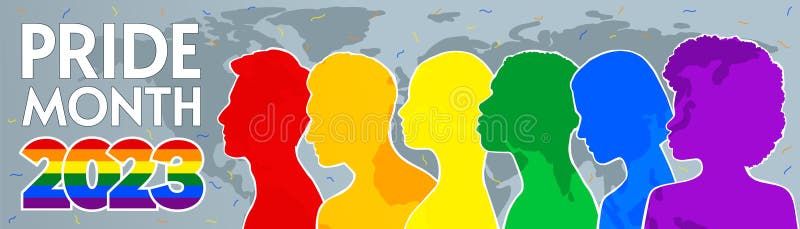 Pride month 2023 long banner. People from different ethnic groups in rainbow-colored clothes are against the map. LGBT community. Human rights. LGBTQ. Flat vector modern illustration. Pride month 2023 long banner. People from different ethnic groups in rainbow-colored clothes are against the map. LGBT community. Human rights. LGBTQ. Flat vector modern illustration