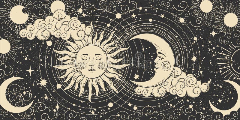 Bannière magique pour l'astrologie, alchimie céleste Art merveilleux du zodiaque, tarot, dispositif de l'univers, croissant Bannière magique pour l'astrologie, alchimie céleste Art merveilleux du zodiaque, tarot, dispositif de l'univers, croissant