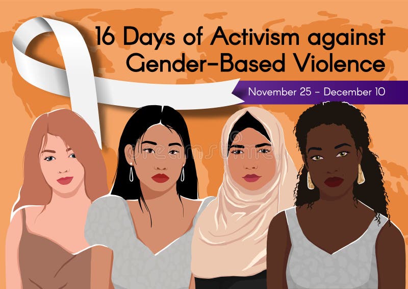 Banner for 16 Days of Activism against Gender-Based Violence with Women of different ethnic groups together and white ribbon. Vector colorful illustration. Banner for 16 Days of Activism against Gender-Based Violence with Women of different ethnic groups together and white ribbon. Vector colorful illustration