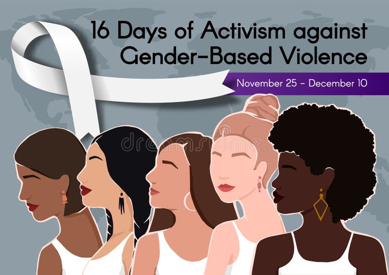 Banner for 16 Days of Activism against Gender-Based Violence with Women of different ethnic groups and white ribbon. Vector colorful illustration. Banner for 16 Days of Activism against Gender-Based Violence with Women of different ethnic groups and white ribbon. Vector colorful illustration