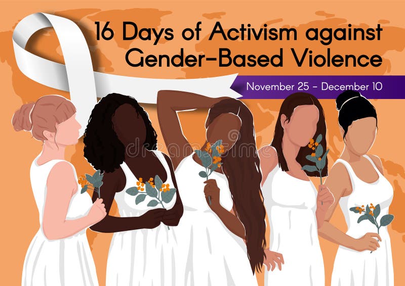 Banner for 16 Days of Activism against Gender-Based Violence with white ribbon. Diverse women from different ethnic groups in white dresses hold flowers in their hands. Vector colorful illustration. Banner for 16 Days of Activism against Gender-Based Violence with white ribbon. Diverse women from different ethnic groups in white dresses hold flowers in their hands. Vector colorful illustration