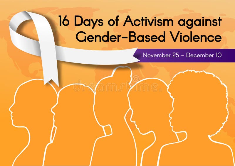 Banner for 16 Days of Activism against Gender-Based Violence with silhouettes of Women of different ethnic groups and white ribbon. Vector colorful illustration. Banner for 16 Days of Activism against Gender-Based Violence with silhouettes of Women of different ethnic groups and white ribbon. Vector colorful illustration