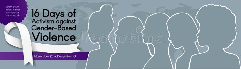 Long horizontal Banner for 16 Days of Activism against Gender-Based Violence with silhouettes of Women of different ethnic groups and white ribbon. Vector colorful illustration. Long horizontal Banner for 16 Days of Activism against Gender-Based Violence with silhouettes of Women of different ethnic groups and white ribbon. Vector colorful illustration