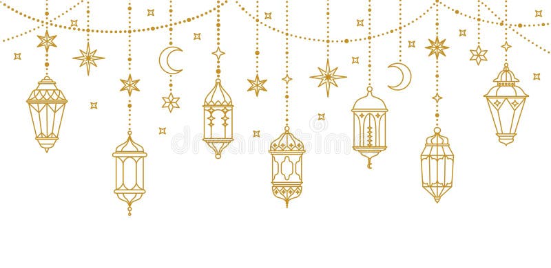 Bannière ramadan kareem. bordure avec lanterne suspendue. affiche de ramadan moubarak avec lanternes dorées étoiles lune. arabe illustration de vecteur