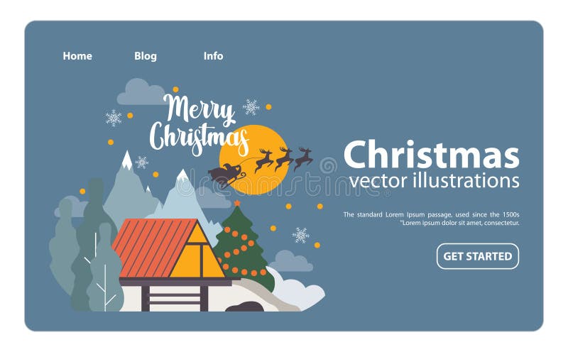 Christmas celebration web banner or landing page. Santa Claus flying on sleigh with reindeers. Christmas character with presents riding in the night. Holidays Christmas card. Flat vector illustration. Christmas celebration web banner or landing page. Santa Claus flying on sleigh with reindeers. Christmas character with presents riding in the night. Holidays Christmas card. Flat vector illustration