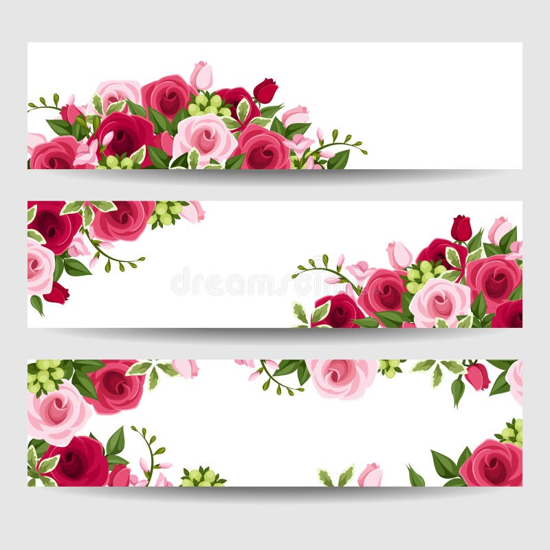 Bannières avec les roses et les fleurs rouges et roses de freesia Illustration de vecteur illustration libre de droits