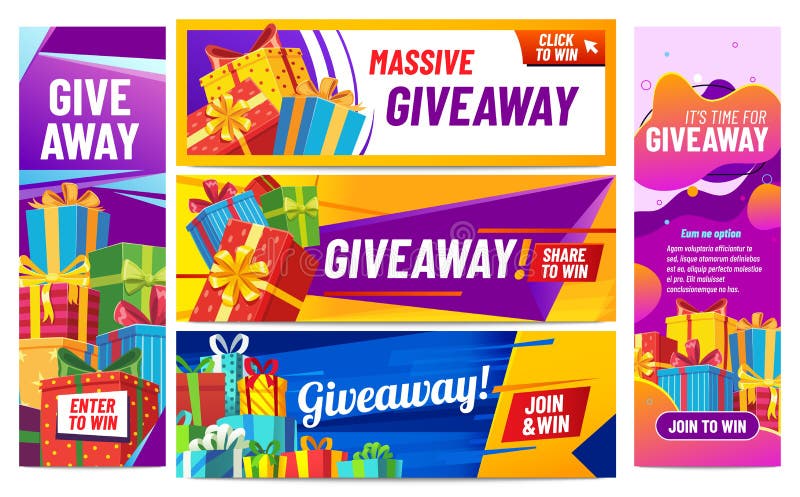 Giveaway colorful banners. Giving gifts, present boxes with ribbons. Winning award or prize in contest for social media posts. Internet blogger announcement, random quiz vector illustration. Giveaway colorful banners. Giving gifts, present boxes with ribbons. Winning award or prize in contest for social media posts. Internet blogger announcement, random quiz vector illustration