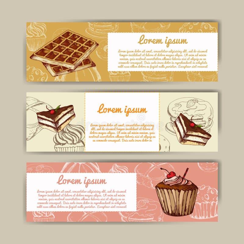 Bannières de café avec la conception tirée par la main Calibre de menu de restaurant de dessert Ensemble de cartes pour l'identit illustration libre de droits Bannières de café avec la conception tirée par la main Calibre de menu de restaurant de dessert Ensemble de cartes pour l'identit illustration libre de droits