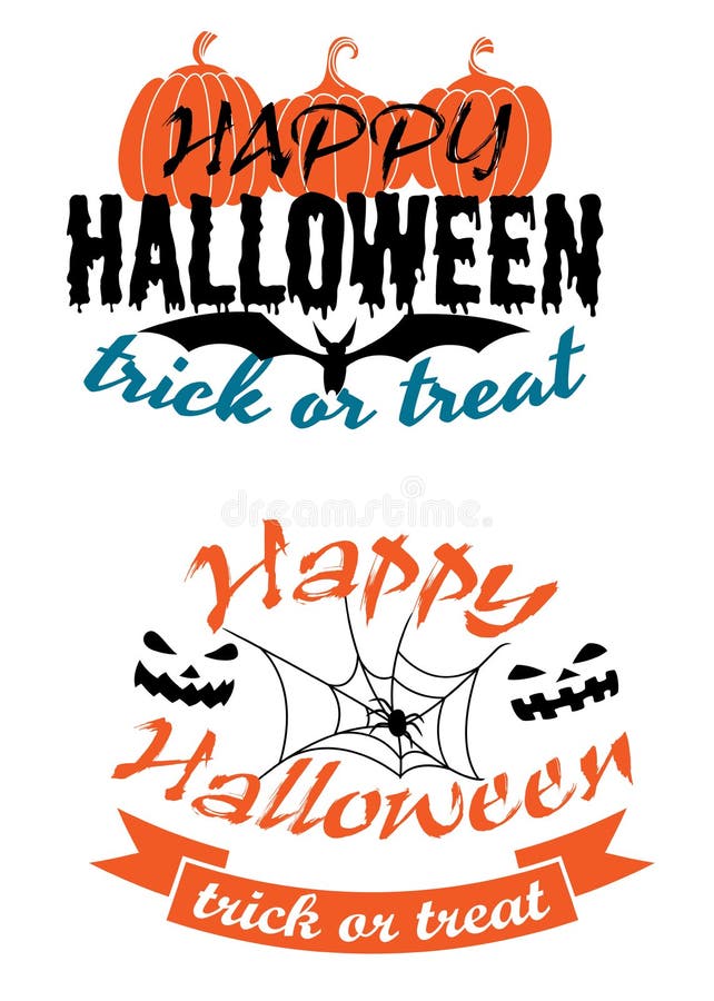 Happy Halloween holiday party banners with pumpkins, monster faces, flying bat, spider and trick or treat signs. Happy Halloween holiday party banners with pumpkins, monster faces, flying bat, spider and trick or treat signs.