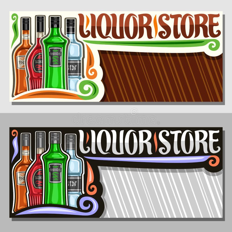 Vector banners for Liquor Store with copy space, decorative sign board for department in hypermarket with 4 variety bottles of hard alcohol or distilled drinks, brush lettering for words liquor store. Vector banners for Liquor Store with copy space, decorative sign board for department in hypermarket with 4 variety bottles of hard alcohol or distilled drinks, brush lettering for words liquor store
