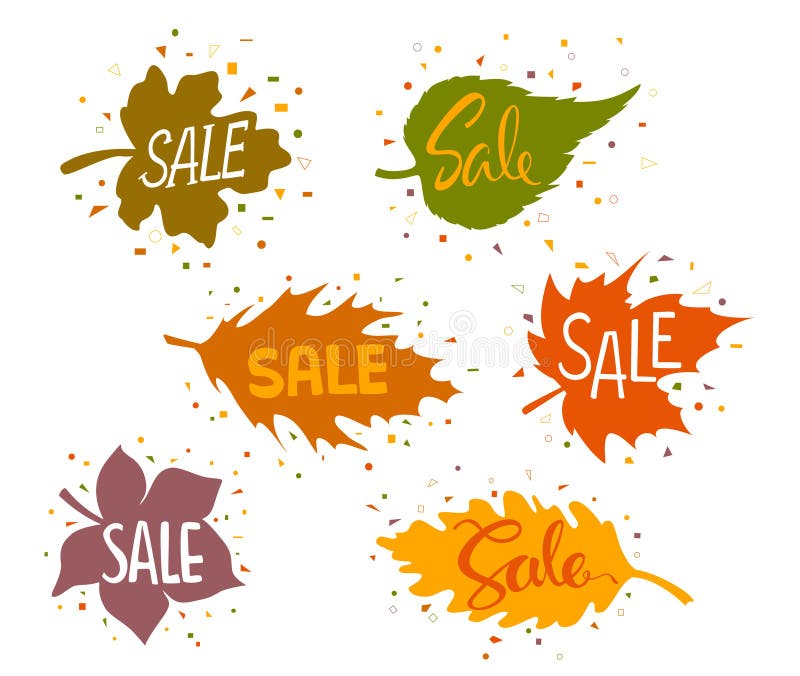 Bannières de vente dans les formes des feuilles d'automne de forêt avec les confettis géométriques illustration stock