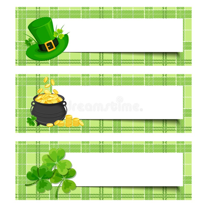 Bannières du jour de St Patrick avec l'oxalide petite oseille, le pot d'or et le chapeau de lutin Vecteur EPS-10