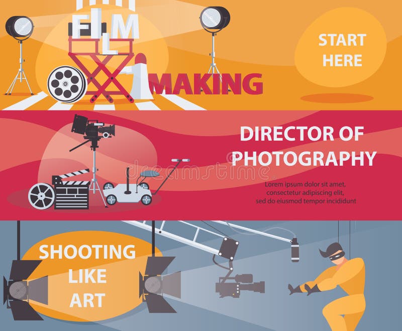 Bannières horizontales de vecteur au sujet du pelliculage et du cinéma Bannière avec la substance de cinéma, directeur de la phot illustration de vecteur Bannières horizontales de vecteur au sujet du pelliculage et du cinéma Bannière avec la substance de cinéma, directeur de la phot illustration de vecteur