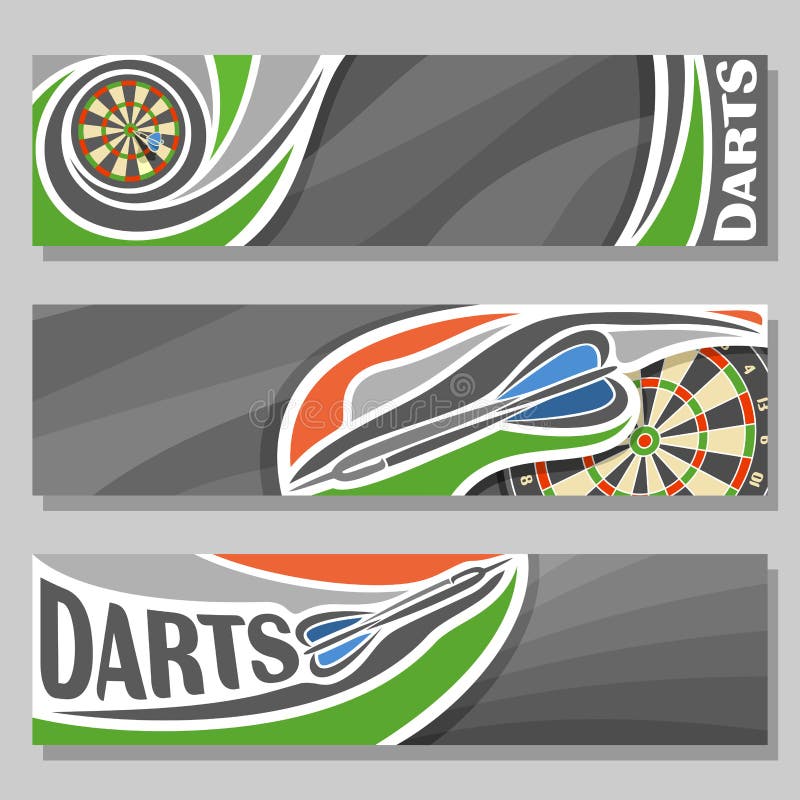 Vector horizontal Banners for Darts board: 3 cartoon covers for title text on dart Dartboard theme, arrow throwing in target dartboard goal, abstract headers banner for inscription on grey background. Vector horizontal Banners for Darts board: 3 cartoon covers for title text on dart Dartboard theme, arrow throwing in target dartboard goal, abstract headers banner for inscription on grey background.