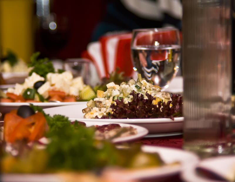 Banquet in the restaurant. Focus on one dish