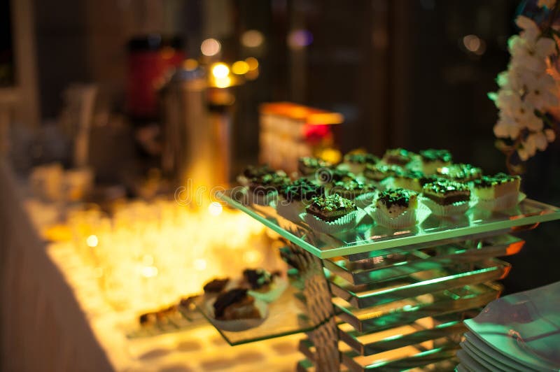 Banquet table for guests with starters and snacks