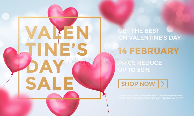 Banret för rengöringsduken för valentindagförsäljningen av röda hjärtaballonger för valentin på blått skiner bakgrund Text fo för vektor illustrationer
