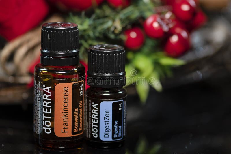 Banska Bystrica, Slowakei - 8. Dezember 2019: Ätherische Öle hoher Qualität Doterra-Marke Frankincense und DigestZen-ätherisches lizenzfreie stockbilder Banska Bystrica, Slowakei - 8. Dezember 2019: Ätherische Öle hoher Qualität Doterra-Marke Frankincense und DigestZen-ätherisches lizenzfreie stockbilder