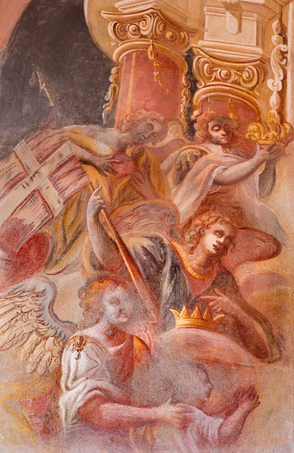 Banska Stiavnica - detail of angels in fresco on cupola in the middle church of baroque calvary by Anton Schmidt from years 1745.