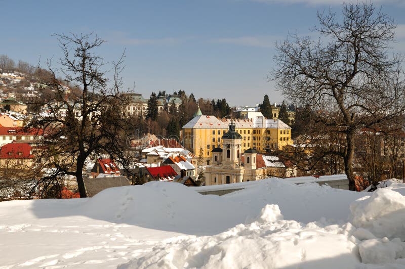 Banská Štiavnica v zimě, farní kostel - slovenský