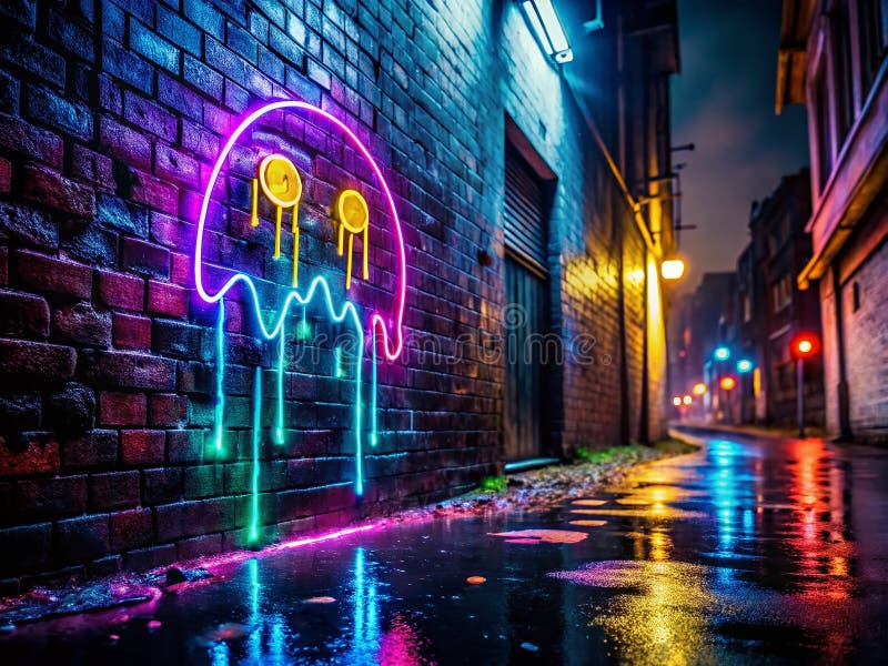 Bantuit Neon Ghost Sign in a Dripping Paint Dark Alley A Night Cityscape Stock Photo for Creative Design stock photography