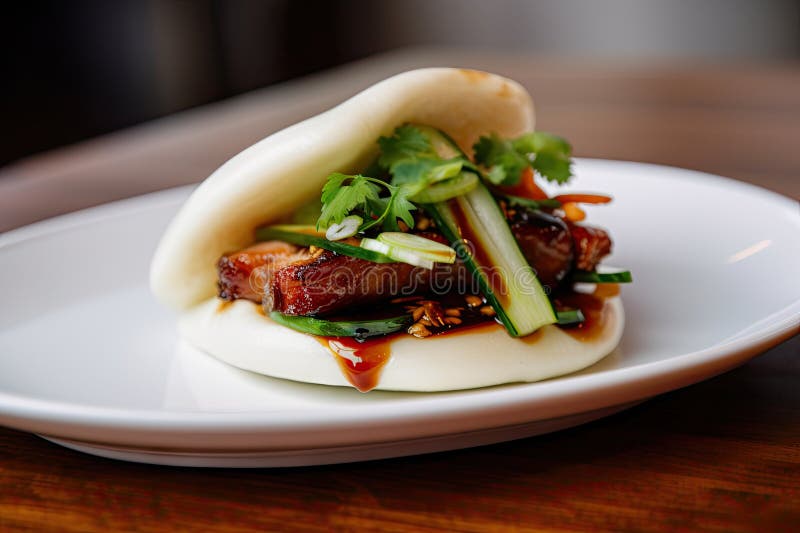 Bao Bun with Pork Belly, Scallions, and Hoisin Sauce Stock Illustration