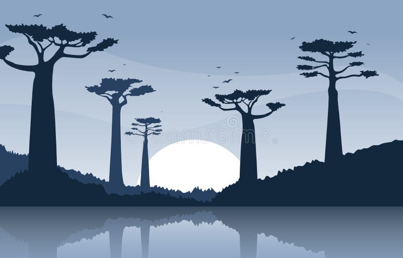 Baobab Tree with Oasis Savanna Landscape Africa Wildlife Illustration