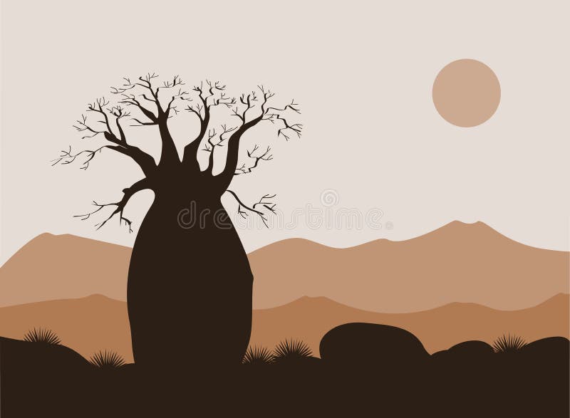 Baobabträdlandskap med bergbakgrund Baobabkontur Afrikansk soluppgång vektor illustrationer Baobabträdlandskap med bergbakgrund Baobabkontur Afrikansk soluppgång vektor illustrationer