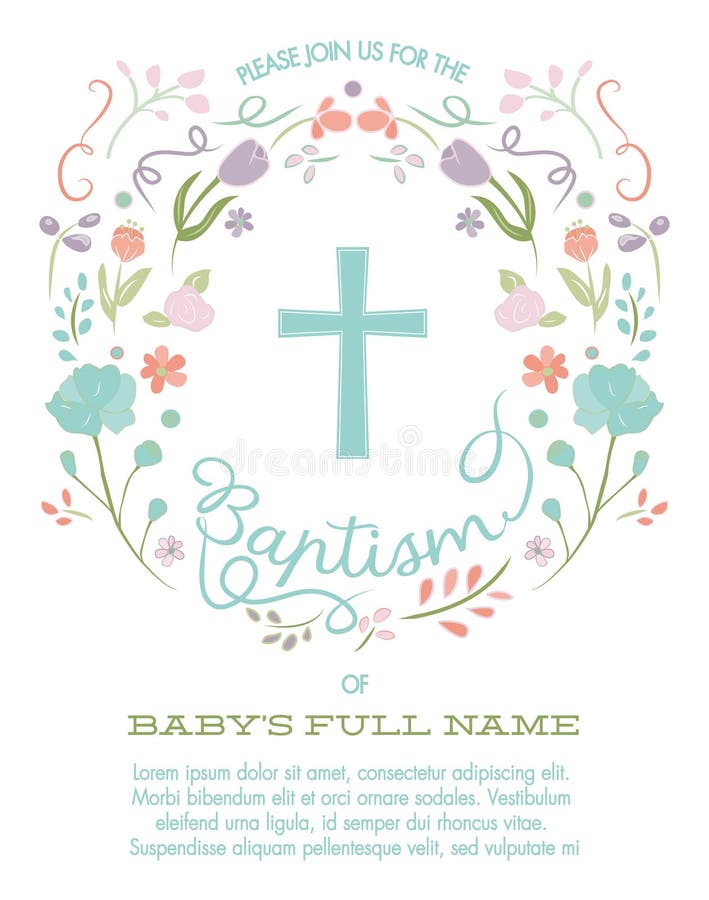 Baptism, Christening, First Holy Communion Invitation Template - Invite Card with Cross and Colorful Abstract Floral Wreath Border. Customizable with white background - for baby boy or girl. Baptism, Christening, First Holy Communion Invitation Template - Invite Card with Cross and Colorful Abstract Floral Wreath Border. Customizable with white background - for baby boy or girl