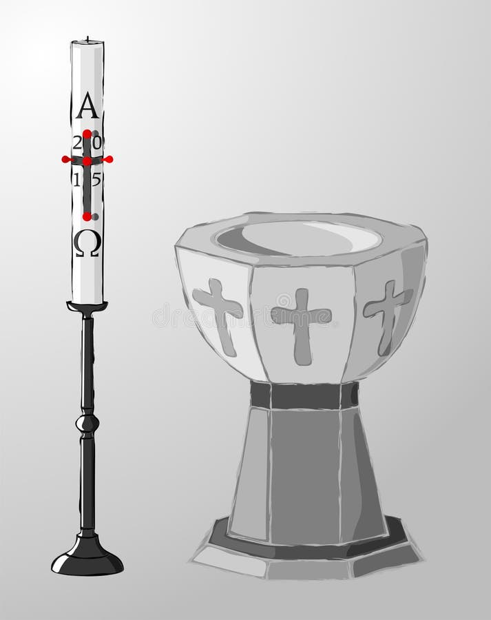 Baptismal шрифт и paschal свеча, крещение иллюстрация штока Baptismal шрифт и paschal свеча, крещение иллюстрация штока