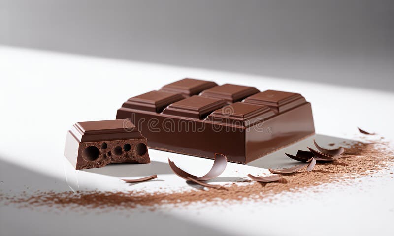 Bar au chocolat foncé sur fond blanc avec Poudre de cacao et gourmandise Ensemble de nourriture dans Studio Light Isolé illustration de vecteur