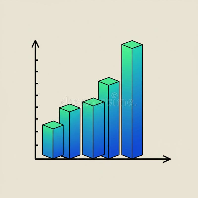 Bar chart with five vertical, three-dimensional columns in ascending height. Columns vector illustration