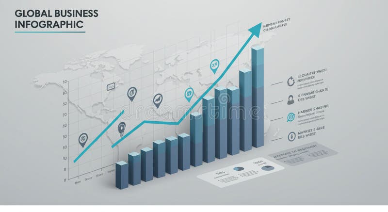 Bar chart and line graph illustrating business growth on a 3D world map background. stock illustration