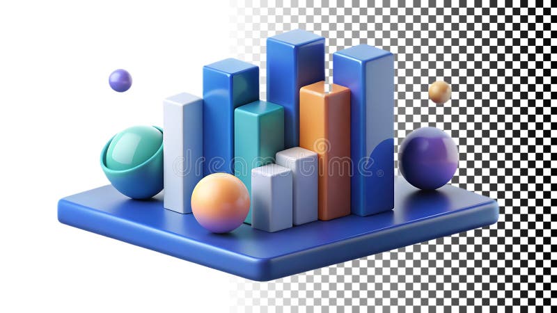 Bar chart with spheres and cubes, representing complex data analysis png transparent image Generative AI. A sophisticated 3D icon showcasing a bar graph interacting with spheres and cubes. This represents in-depth data analysis, multi-faceted information, and advanced reporting. Ideal for scientific data, complex statistics, or detailed analytical projects png transparent image Generative AI