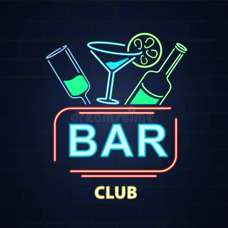 Glowing Neon Bar Sign With Martini Glass Stock Vector Illustration of glow, electric 101960581