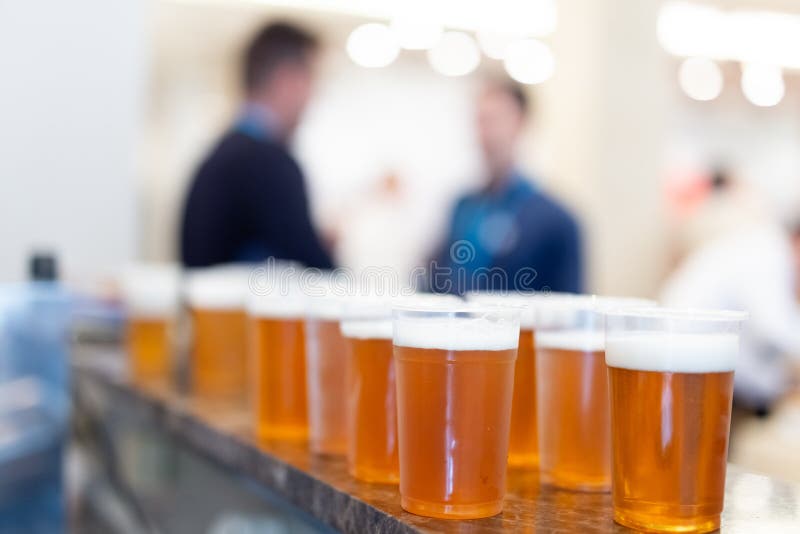 Bar Counter Full of Beer in Plastic Glasses Stock Image Image of